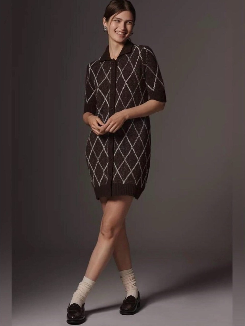 Diamond Pattern Short Sleeve Sweater Dress in Dark Brown and Cream